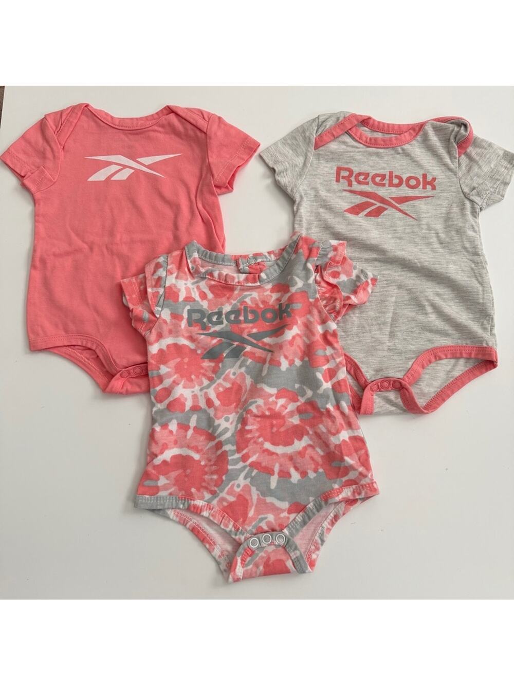 3x Reebok Baby Onesie Bodysuit Set Pink and Gray